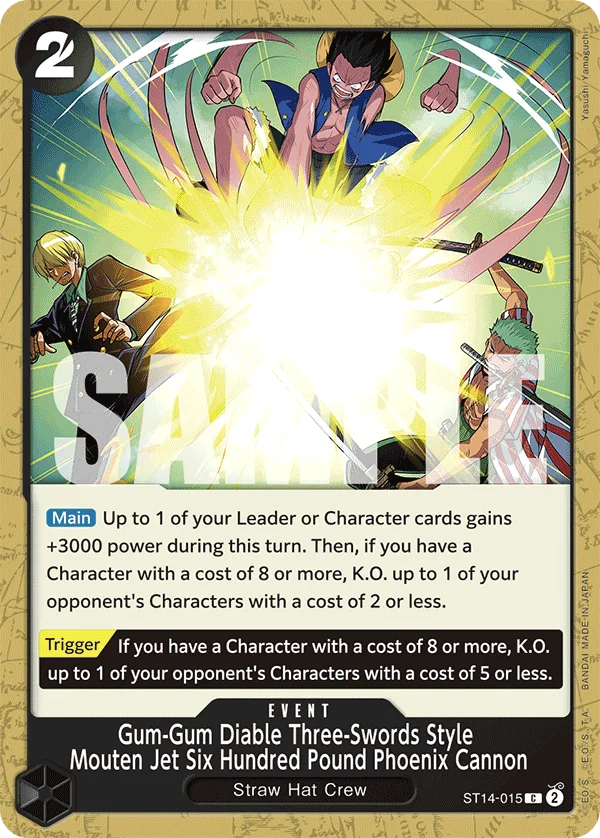 Gum-Gum Diable Three-Swords Style Mouten Jet Six Hundred Pound Phoenix Cannon ST14-015 – One Piece Card Game Event